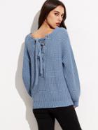 Romwe Blue Drop Shoulder Eyelet Lace Up Back Chunky Knit Sweater