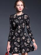 Romwe Black Round Neck Long Sleeve Necklace Drawstring Print Pockets Dress