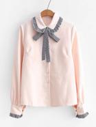 Romwe Striped Trim Tie Neck Corduroy Blouse