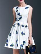 Romwe White Flowers Embroidered A-line Dress