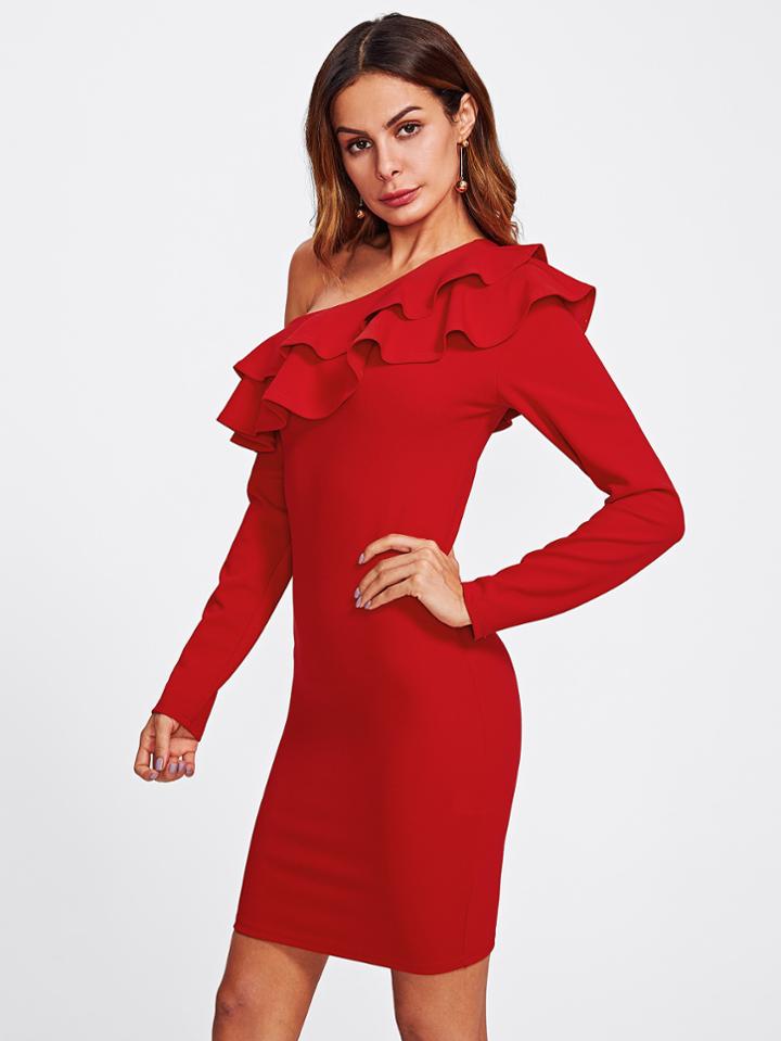 Romwe Flounce Asymmetric Shoulder Form Fitting Dress
