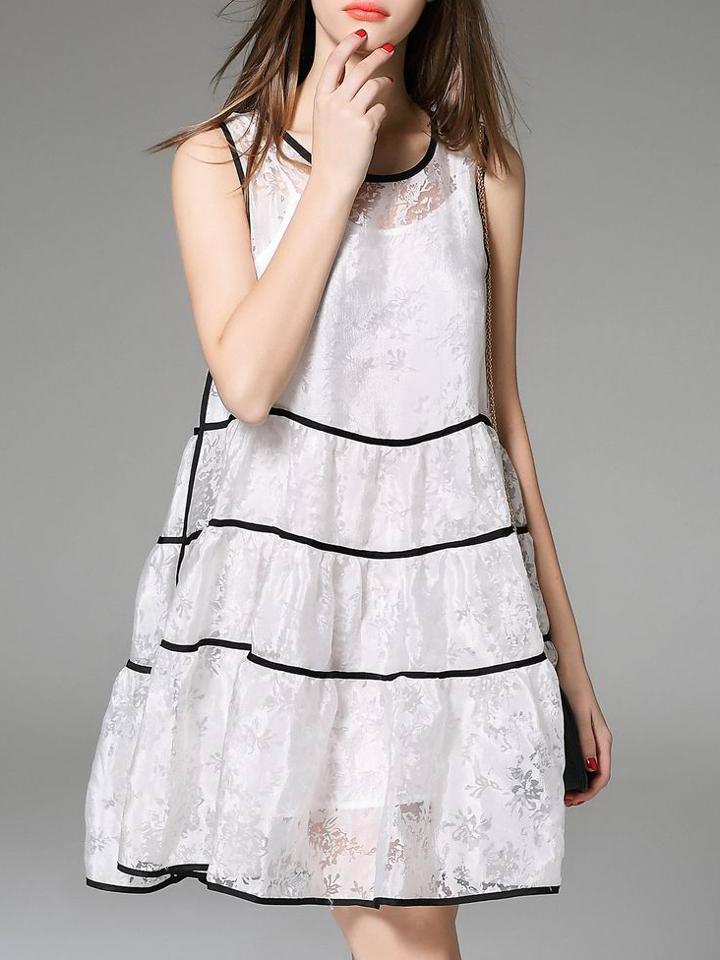 Romwe White Crew Neck Print A-line Dress