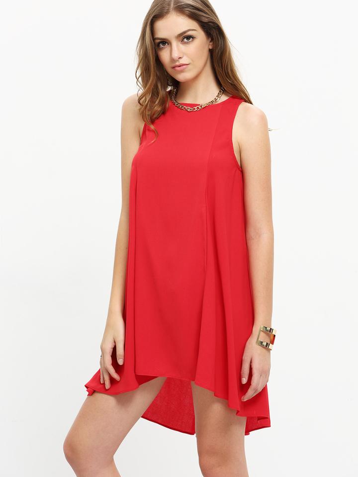 Romwe Red Sleeveless Dip Hem Shift Dress