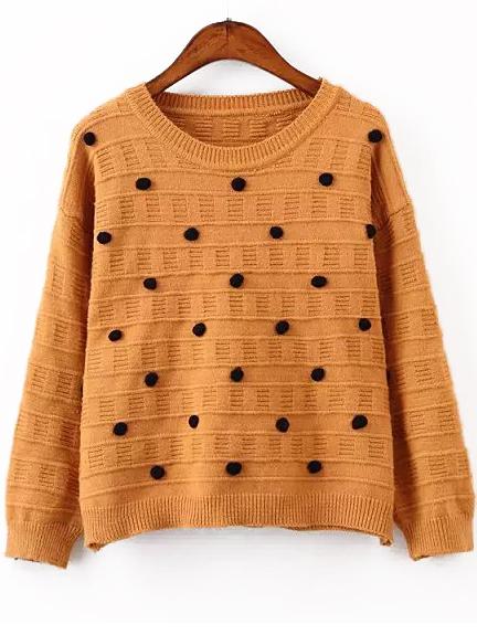 Romwe Round Neck Ball Embellished Khaki Sweater