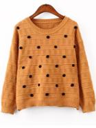Romwe Round Neck Ball Embellished Khaki Sweater