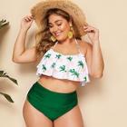 Romwe Plus Coconut Tree Print Layered Ruffle Bikini Set