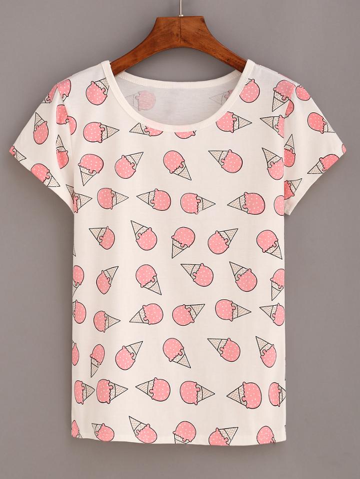 Romwe Ice Cream Print T-shirt - Pink
