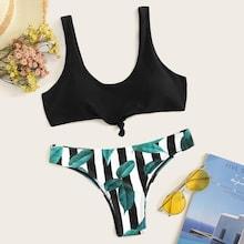 Romwe Random Leaf Print Mix & Match Bikini Set