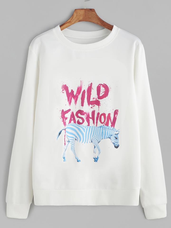 Romwe White Zebra And Letter Print Sweatshirt