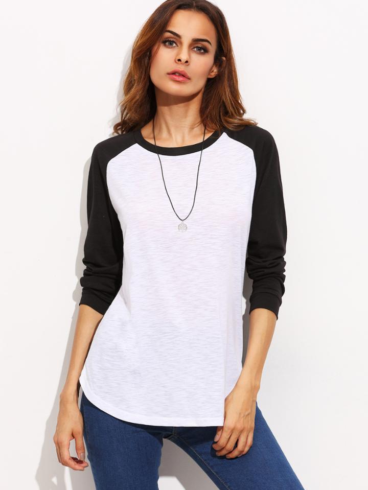 Romwe Color Block Round Neck Raglan Long Sleeve T-shirt