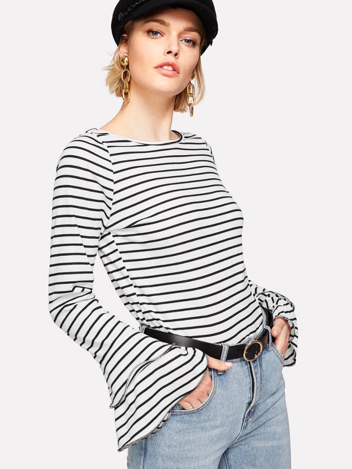 Romwe Tiered Flounce Sleeve Striped Tee