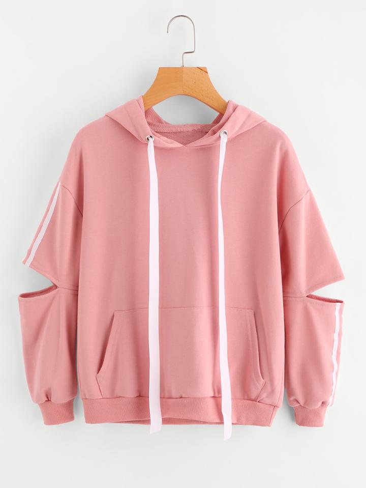 Romwe Kangaroo Pocket Cut Out Sleeve Hooded Sweatshirt