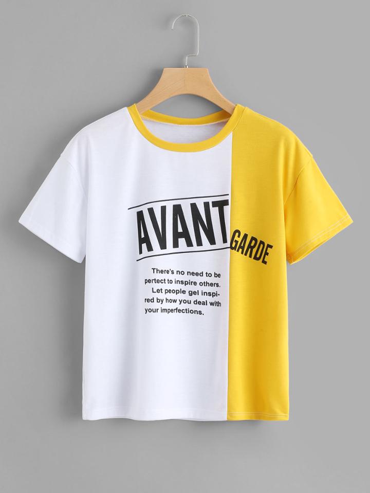 Romwe Slogan Print Color Block Tee