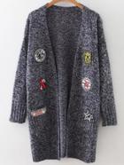 Romwe Navy Marled Knit Patch Long Cardigan With Pockets