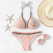 Romwe Embroidered Flower Self Tie Halter Top With High Leg Bikini