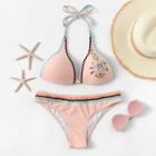 Romwe Embroidered Flower Self Tie Halter Top With High Leg Bikini