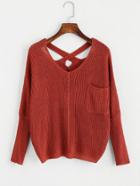 Romwe Cross Back Chunky Sweater With Chest Pocket