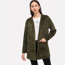 Romwe Pocket Patched Open Front Fuzzy Coat