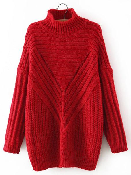 Romwe Turtleneck Ribbed Long Red Sweater