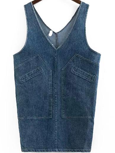 Romwe V Neck With Pocket Denim Dress