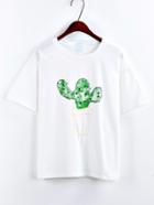 Romwe Cactus Print Drop Sleeve T-shirt - White