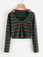 Romwe V Cut Striped T-shirt