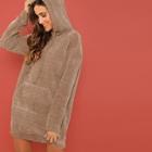 Romwe Pocket Front Longline Velvet Hoodie
