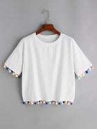 Romwe White Drop Shoulder Pom Pom T-shirt