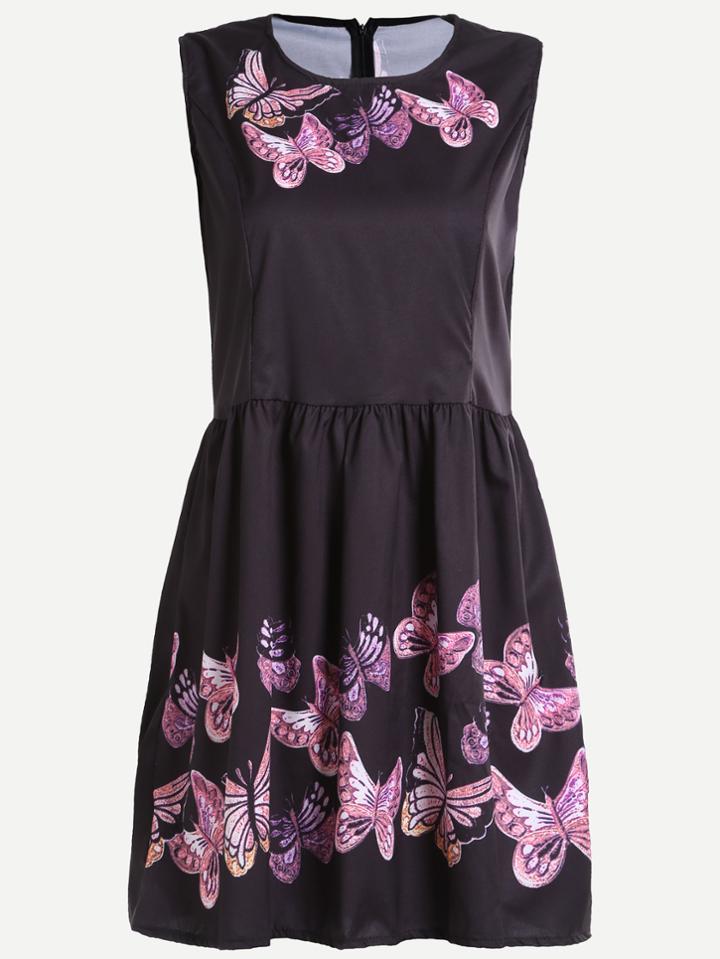 Romwe Black Butterfly Print Zipper Back A Line Dress