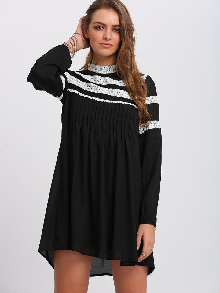 Romwe Black Contrast Lace Shift Dress