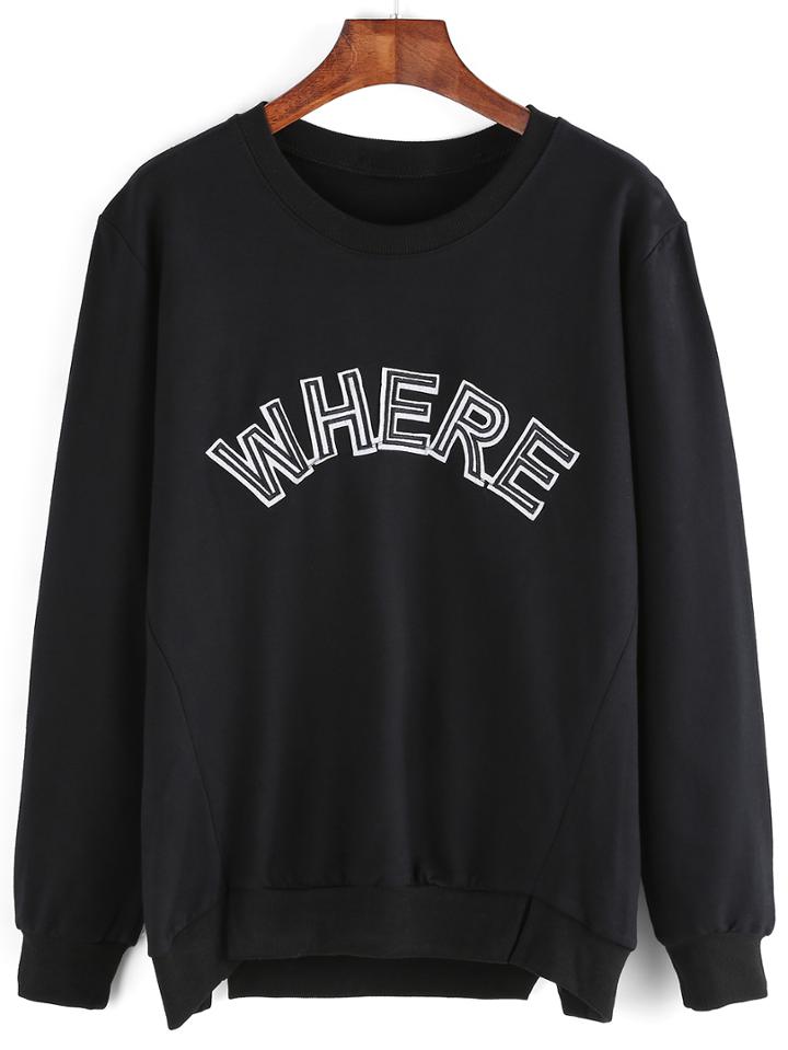 Romwe High Low Letter Embroidered Patch Split Black Sweatshirt