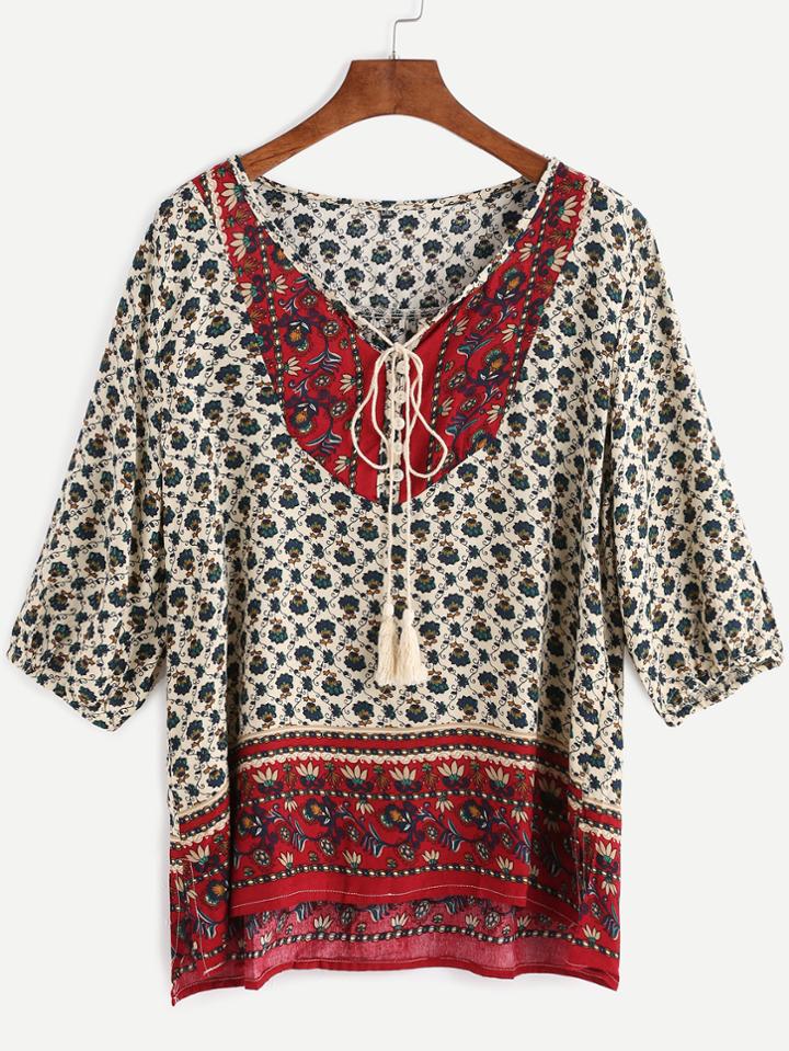 Romwe Floral Print Tie Neck Button Front Fringe Blouse