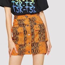 Romwe Single Breasted Pocket Patched Snakeskin Print Skirt