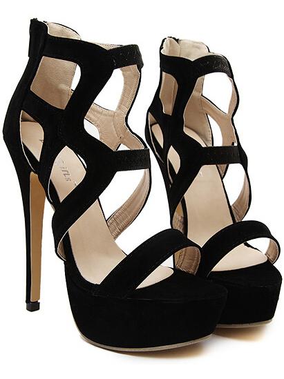 Romwe Black Platform Back Zipper Cutout High Heeled Pumps