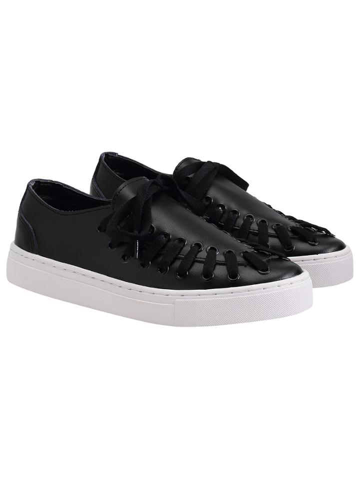 Romwe Black Thick-soled Shoelace Pu Flats