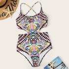 Romwe Tribal Print Lace-up One Piece Swimsuit
