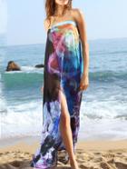 Romwe Blue Florals Wrap Beach Dress