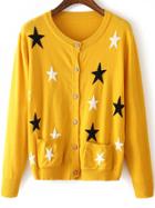 Romwe Yellow Star Pattern Front Pocket Button Cardigan