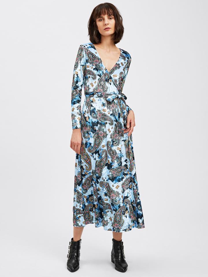 Romwe Paisley Print Velvet Surplice Wrap Dress