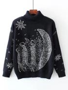 Romwe Moon Print Turtleneck Sweater