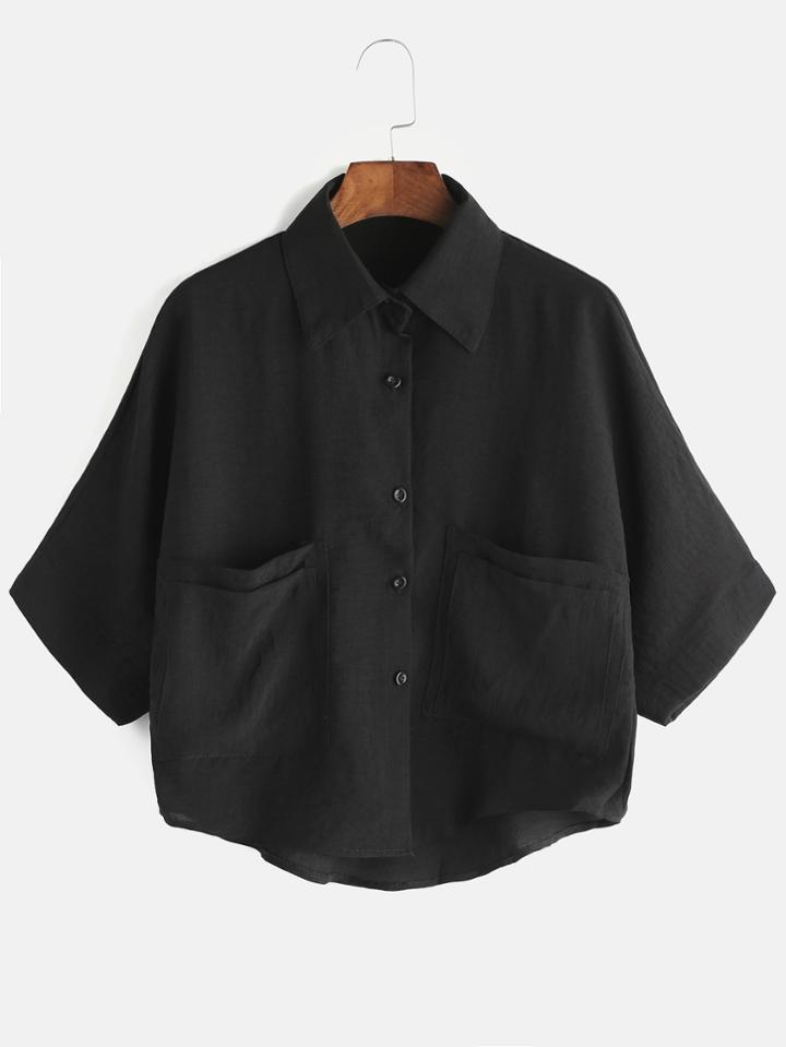 Romwe Single Breasted Dual Pockets High Low Shirt