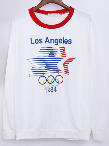 Romwe White Red Round Neck Olympics Print Sweatshirt