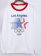 Romwe White Red Round Neck Olympics Print Sweatshirt