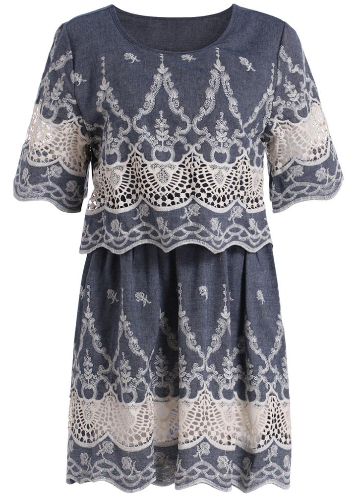 Romwe Short Sleeve Embroidered Dress