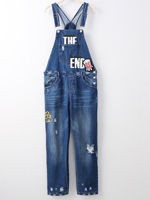 Romwe Blue Sequined Patch Letters Print Denim Straps Jumpsuit