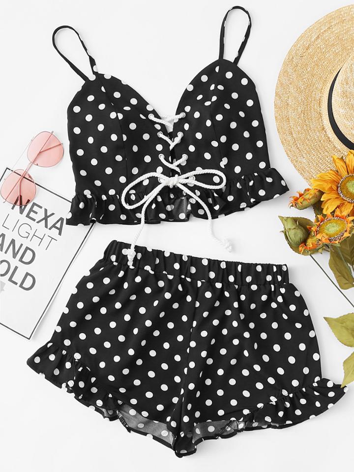 Romwe Ruffle Hem Lace Up Cami Top And Shorts Set