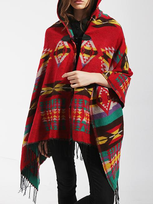Romwe Hooded Geometric Print Tassel Red Poncho