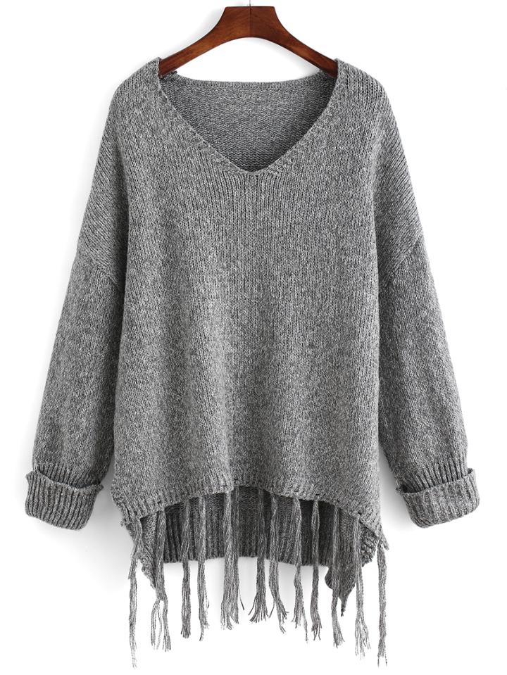 Romwe V Neck Fringe Loose Grey Sweater
