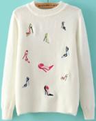 Romwe High-heeled Shoes Embroidered White Sweater