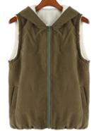 Romwe Hooded Zipper Pockets Green Vest